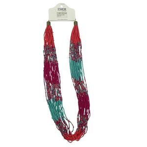 Esmor Multicolor Beaded Statement Necklace – Coral, Teal & Magenta Layers